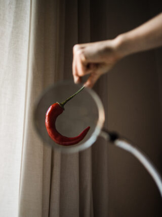 Eine Hand hält eine rote Chilischote am Stiel, die sich hinter einer Lupe befindet, im Hintergrund sind beige Vorhänge zu sehen.