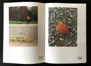 Linke Seite: Eine Person fährt Fahrrad in einem Park. Rechte Seite: Eine Erdbeere liegt auf dem Asphalt. Es werden die Seiten 33 und 34 angezeigt.