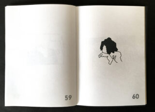 Offenes Buch mit den Seiten 59 und 60; Seite 59 ist größtenteils leer, während Seite 60 eine einfache schwarze Strichzeichnung einer sitzenden Person zeigt, die ihren Kopf auf ihre Hand stützt.