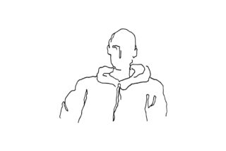 Minimalistische Strichzeichnung einer Person, die eine Kapuzenjacke trägt, nach vorne blickt, mit ausdruckslosem Gesichtsausdruck und ohne erkennbare Gesichtszüge.