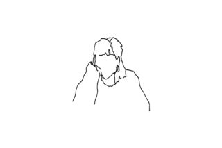 Minimalistische Strichzeichnung einer Person, die ihren Kopf auf einer Hand ruht, ohne Gesichtszüge oder Details, auf einem schlichten weißen Hintergrund.