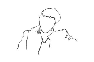 Minimalistische Strichzeichnung einer gesichtslosen Person mit kurzen Haaren, die den Kopf auf eine Hand stützt und eine Jacke trägt.