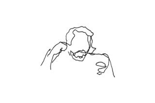 Eine minimalistische, einzeilige Zeichnung einer Person mit Bart, geneigtem Kopf und einer Hand, die ihr Ohr berührt, vor einem schlichten weißen Hintergrund.