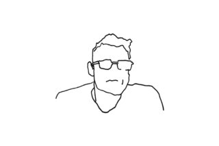 Minimalistische Strichzeichnung einer Person mit Brille, die mit neutralem Gesichtsausdruck nach vorne blickt, auf einem schlichten weißen Hintergrund.