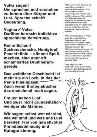 Eine deutschsprachige Infografik erklärt die Vulva und geht auf Terminologie, Anatomie, Mythen und Einstellungen zur weiblichen Sexualität und Lust ein. Der Text ist in schwarzer Schrift auf weißem Hintergrund angeordnet.