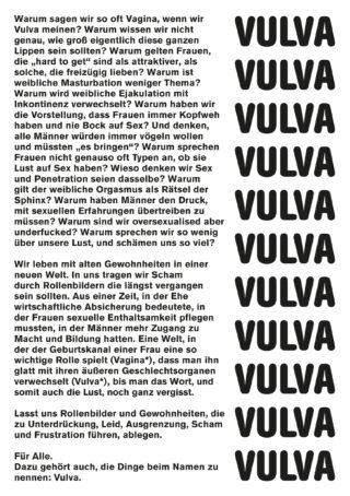 Deutscher Text über gesellschaftliche Wahrnehmungen von Vulva und Sexualität auf der linken Seite; das Wort „VULVA“ wird auf der rechten Seite in fetten schwarzen Buchstaben wiederholt.