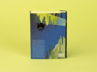 Ein Buch mit einem farbenfrohen Einband, auf dem Comic-Fledermäuse und grüne Tropfen abgebildet sind. Es steht aufrecht auf einem gelben Hintergrund und hat auf der Rückseite einen Textblock.