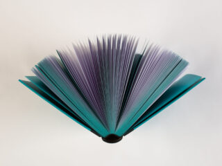 Ein offenes, blaugrünes Hardcover-Buch steht aufrecht auf einer flachen Oberfläche, die Seiten sind gleichmäßig aufgefächert.