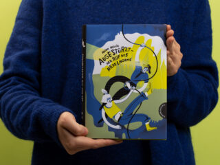 Eine Person in einem blauen Pullover hält ein Buch mit dem Titel „Abgestürzt: Der Ruf des Møbelhorns“ von Niko Heilig, dessen illustriertes Cover zwei kletternde Comicfiguren zeigt.