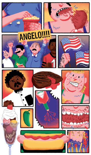 Illustration im Comic-Stil, die Menschen zeigt, die Steak essen, mit Fahnen jubeln, Desserts und einen Hotdog genießen, mit dramatischen Ausdrücken und Aktionslinien.