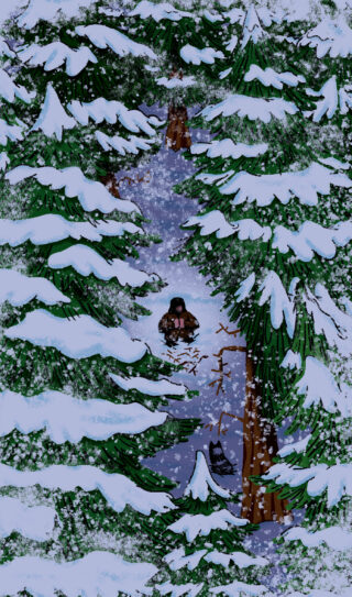 Eine Person in Winterkleidung geht allein durch einen schneebedeckten Waldweg, der von hohen immergrünen Bäumen gesäumt ist.