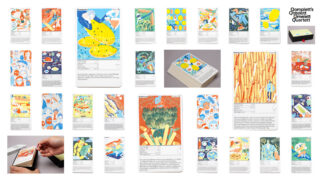 Eine Collage aus illustrierten Rezeptkarten mit farbenfrohen Lebensmittelzeichnungen, Zutatenlisten und Textbeschreibungen; enthält Nahaufnahmen und Bilder des Kartenspiels.