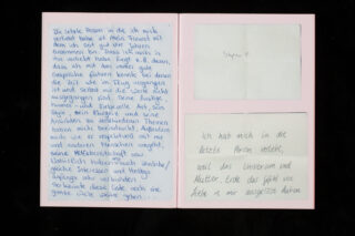 Ein handgeschriebener Brief in deutscher Sprache auf rosa Papier mit drei Abschnitten, darunter ein Herz, Unterschriften und persönliche Gedanken zu Liebe, Schicksal und bedeutungsvollen Gesprächen.
