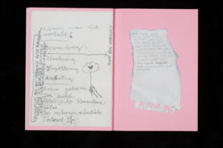 Auf rosafarbenen Seiten sind zwei handschriftliche Notizen in deutscher Sprache abgebildet; auf der linken Seite sind Gründe für das Verlieben aufgelistet, auf der rechten Seite befindet sich ein zerrissenes Blatt Papier mit einer persönlichen Botschaft.