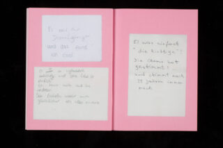Ein offenes Buch zeigt handschriftliche deutsche Notizen auf weißem Papier, die auf rosa Seiten befestigt sind und persönliche Gedanken und Kommentare zu einer Person enthalten.