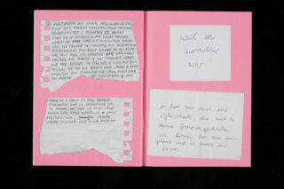 Ein offenes rosa Notizbuch mit handschriftlichen Notizen auf Deutsch und zwei darin eingeklebten Blättern Papier, die ebenfalls handschriftlichen Text enthalten.