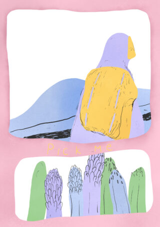 Illustration eines lila-gelben Pinguins, der vor einer blauen Landschaft über einer Reihe farbenfroher, abstrakter Pflanzenformen steht, über denen der Text „Pick me“ steht.