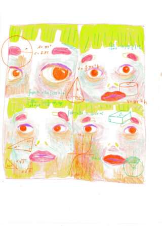 Bunte Zeichnung von vier Gesichtern mit grünem Haar, umgeben von verschiedenen mathematischen Gleichungen und geometrischen Formen, skizziert in Orange, Blau und Grün.