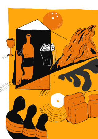 Abstrakte Illustration mit Bowlingkegeln, einer Bowlingkugel, einer Weinflasche, einem Glas, einem Eimer Popcorn und einem Berg, alles vor einem gelben und orangefarbenen Hintergrund.