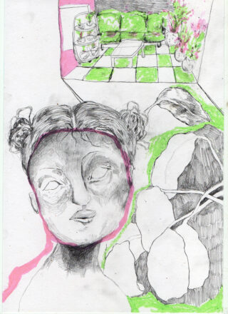 Eine Skizze eines Frauenkopfes mit leeren Augen im Vordergrund, große Blätter rechts und ein karierter Raum mit Pflanzen im Hintergrund; überall grüne und rosa Akzente.