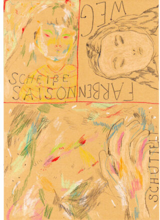 Ein handgezeichnetes Kunstwerk zeigt abstrakte Figuren, ein Gesicht und Text auf Deutsch: „WEG“, „FARBENSONS“, „SCHEIBE“ und „SCHUTTEL“ auf einem hellbraunen Hintergrund mit bunten Akzenten.