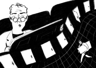 Eine Person mit Brille hält eine große Tafel, die von schwebenden Rechtecken umgeben ist, während darunter eine kleinere Figur geht, die eine ähnliche Tafel auf einer verzerrten, gitterartigen Oberfläche trägt.