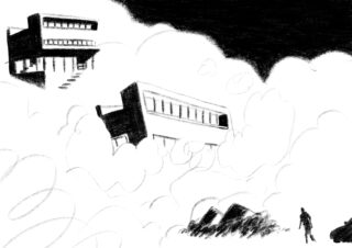 Eine Person steht in der Nähe von Felsen, während in einer Schwarz-Weiß-Skizze zwei moderne Gebäude über den Wolken zu schweben scheinen.