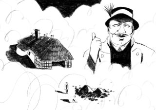 Schwarz-Weiß-Zeichnung eines Reetdachhauses, eines Mannes mit Hut, der einen Daumen hoch zeigt, und einer Person, die neben zwei Erdhügeln steht.