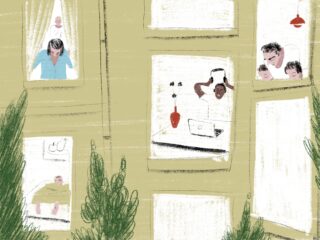 Illustration von Wohnungsfenstern, die verschiedene Personen darin zeigen; einige schauen nach draußen, während andere Aktivitäten nachgehen oder miteinander reden. Im Vordergrund stehen grüne Pflanzen.