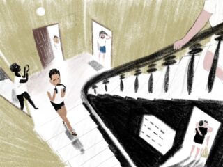 Abbildung mehrerer Personen in einem Gebäude. Einige telefonieren, einer geht die Treppe hinunter, andere stehen in Türrahmen und eine Person umarmt eine andere in einem Raum.