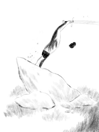 Eine Person zieht unter Wasser ein Schwert aus einem Felsen, während ihr Hut in der Nähe schwimmt.