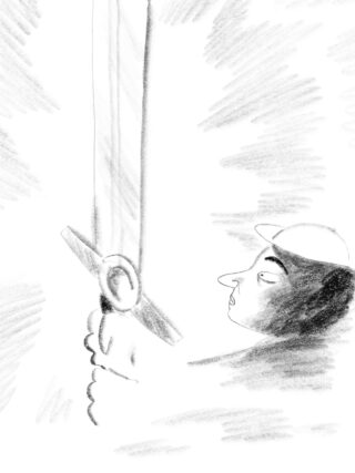 Eine Person mit Helm blickt aufmerksam auf ein großes, aufrecht gehaltenes Schwert, umgeben von schattierten Bleistiftstrichen.