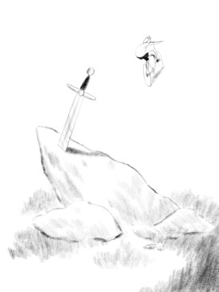 Ein Schwert steckt in einem großen Felsen, während eine Person auf einem Fahrrad darüber springt.