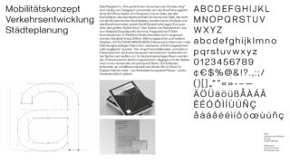 Eine Grafik zeigt deutschen Text, ein grau umrandetes kleines „a“ mit Vektorpunkten, einen Absatz in Englisch und ein vollständiges Schriftbeispiel mit Buchstaben, Zahlen und Sonderzeichen.