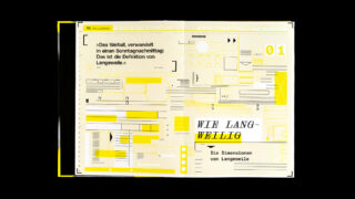 Eine deutsche Zeitschriftenseite mit abstrakten geometrischen Mustern in Gelb und Schwarz und fettem Text mit der Aufschrift „WIE LANG-WEILIG“ und „Die Dimensionen von Langeweile“.