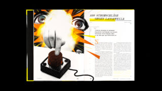 Eine Collage mit einer großen Hand, die einen Knopf drückt, strahlt einen Lichtblitz aus; der Text rechts lautet „198 Stromschläge gegen Langeweile“, darüber ist ein Auge abgebildet.