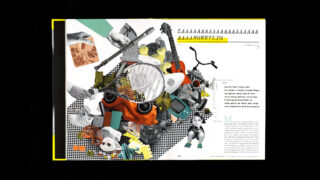 Eine Collage aus verschiedenen Objekten, darunter ein Tennisschläger, eine orangefarbene Brille, eine Hand und verschiedene Formen, angeordnet auf einer karierten Oberfläche mit deutschem Text auf einer Zeitschriftenseite.