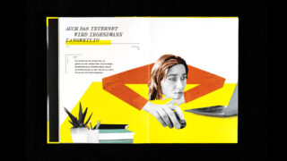 Collage einer Person, die eine Computermaus benutzt, den Kopf auf die Hand stützt, mit Büchern und einer Pflanze in der Nähe. Der obige deutsche Text lautet: „Auch das Internet wird irgendwann langweilig.“.