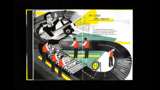 Eine Illustration im Collage-Stil zeigt Arbeiter in roten Hemden an einem Fließband, ein Auto mit Fahrer und ein Bushaltestellenschild mit deutschem Text oben rechts.