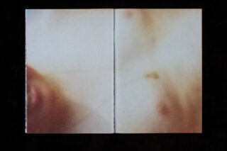 Eine Nahaufnahme eines offenen Buches mit einem unscharfen, abstrakten Bild in warmen Tönen, das möglicherweise ein menschliches Gesicht und eine Brust zeigt.