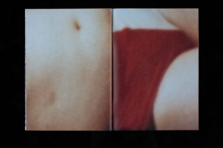 Eine verschwommene Nahaufnahme einer gedruckten Buchseite mit Hauttönen und einem Stück rotem Stoff auf der rechten Seite.