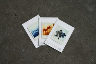 Drei Sofortbilder auf einer grauen, strukturierten Oberfläche; die Bilder zeigen das Meer, eine Hand und einen Vorhang sowie einen Baum vor dem Himmel.