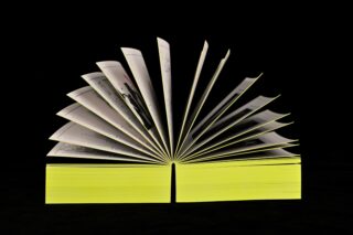 Auf einem schwarzen Hintergrund steht aufrecht ein offenes Buch mit gelb umrandeten Seiten, dessen Seiten in einem symmetrischen Muster aufgefächert sind.