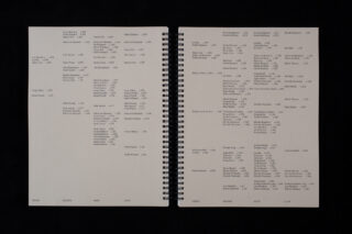 Ein offenes, spiralgebundenes Buch zeigt zwei Seiten mit mehreren Spalten klein gedruckten, schwarz gedruckten Text, darunter Namen und Zahlen, auf einem hellgrauen Hintergrund.