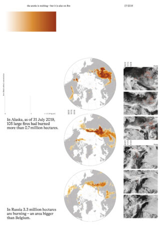 Eine Reihe von Karten und Satellitenbildern vom Juli 2019 zeigt großflächige Waldbrände und Rauch in der Arktis, insbesondere in Alaska und Russland, die Millionen Hektar Land betreffen.
