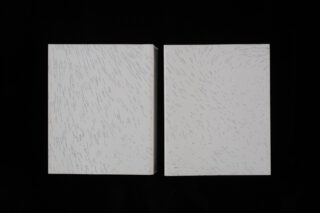 Zwei geschlossene weiße Bücher mit dünnen, verstreuten grauen Linien auf ihren Einbänden liegen nebeneinander auf einem einfarbig schwarzen Hintergrund.
