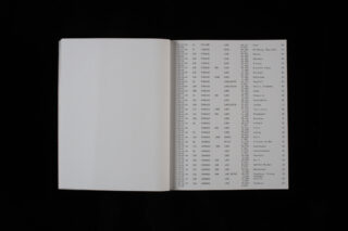 Ein offenes Buch auf schwarzem Untergrund, das eine weitgehend leere linke Seite und eine rechte Seite mit einer Liste von Namen, Nummern und Orten in Tabellenform zeigt.