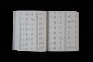 Ein offenes Buch zeigt eine Liste von Elementen mit Spalten mit Namen, Nummern und Beschreibungen, die in Zeilen auf zwei Seiten angeordnet sind.