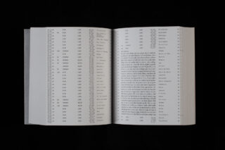 Ein offenes Buch, das vor schwarzem Hintergrund links eine Seite mit einer Liste von Namen und Codes und rechts einen Block deutschen Textes zeigt.