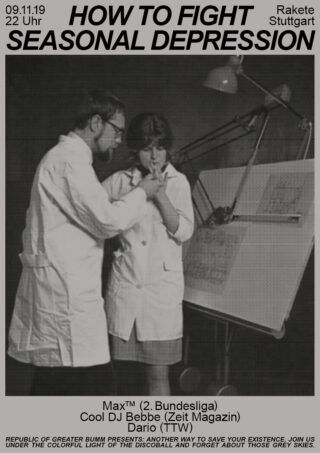 Ein Mann und eine Frau in Laborkitteln untersuchen eine Pflanze in einem Labor. Darüber ist ein Veranstaltungstext zu sehen, der für eine Party zum Thema Bekämpfung saisonaler Depressionen wirbt.